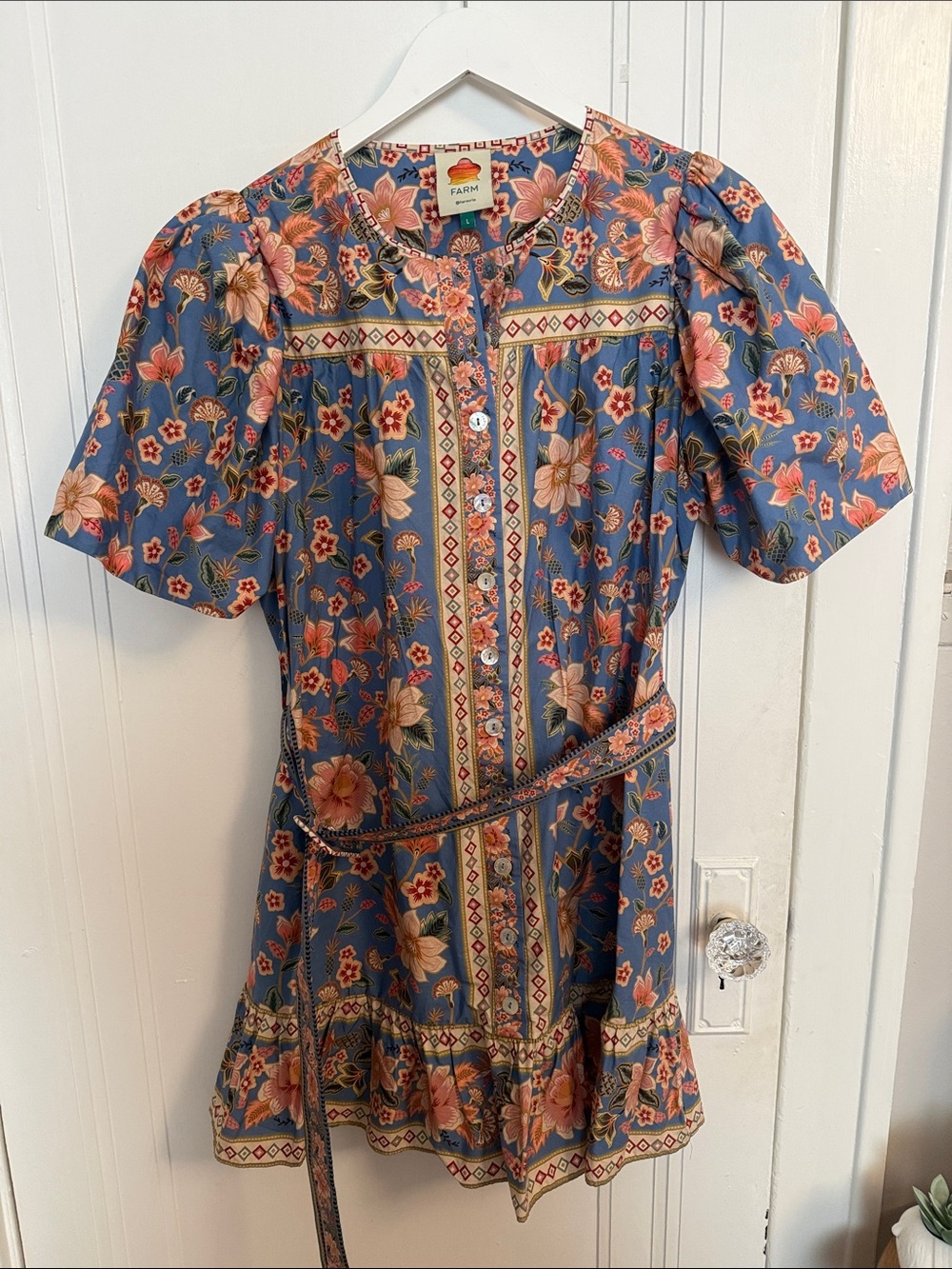 Farm Rio Blue Floral Puff-Sleeve Mini Dress
